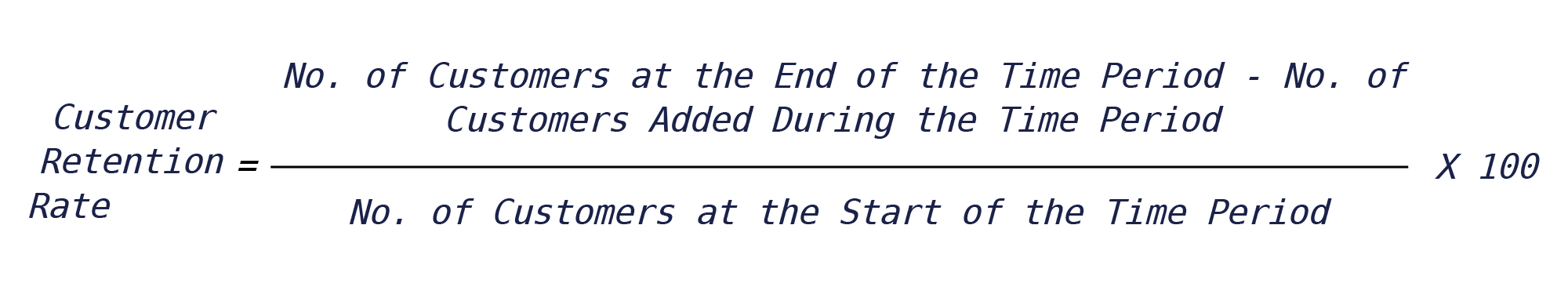 Customer Retention Rate = No. of Customers at the End of the Time Period - No. of Customers Added During the Time Period No. of Customers at the Start of the Time Period X 100